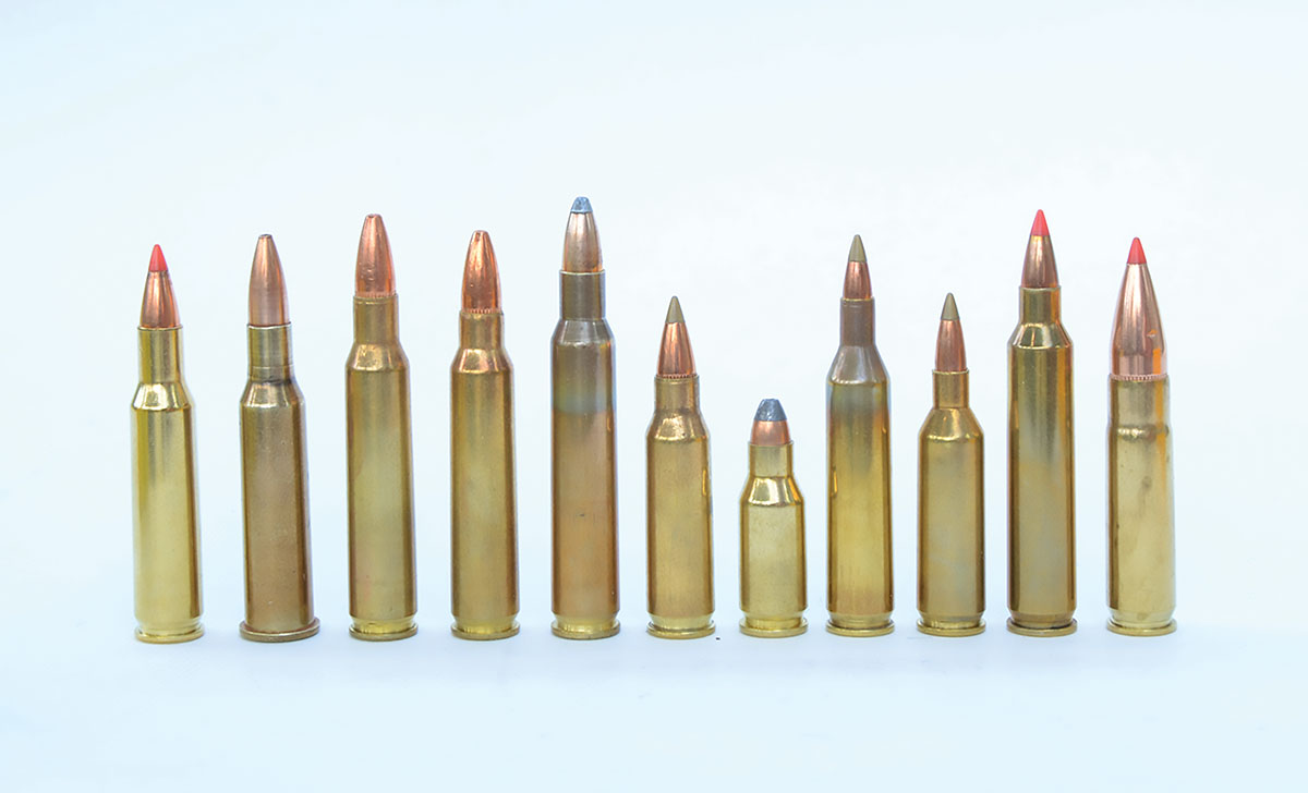 A great number of commercial descendants make the 222 Remington one of the most important centerfire cartridges ever introduced. Shown here (left to right): 222 Remington, 222 Rimmed, 222 Remington Magnum, 223 Remington, 5.6x50mm Magnum, 221 Remington Fireball, 22 TCM, 17 Remington, 17 Remington Fireball, 204 Ruger and 300 Whisper/BLK.